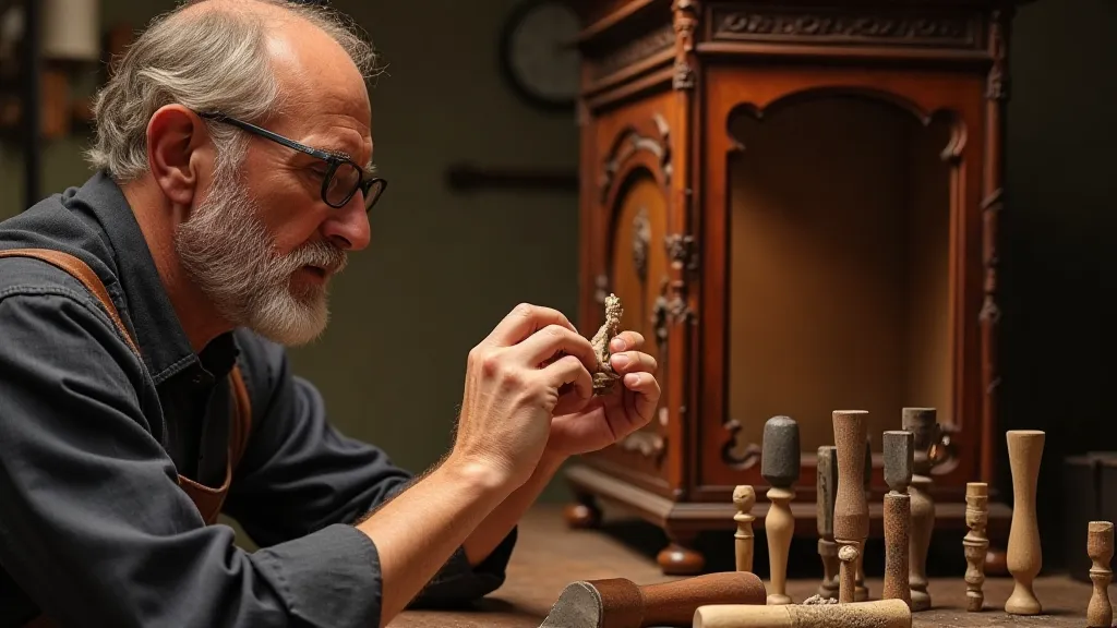 A clock craftsman inspecting an antique clock case.