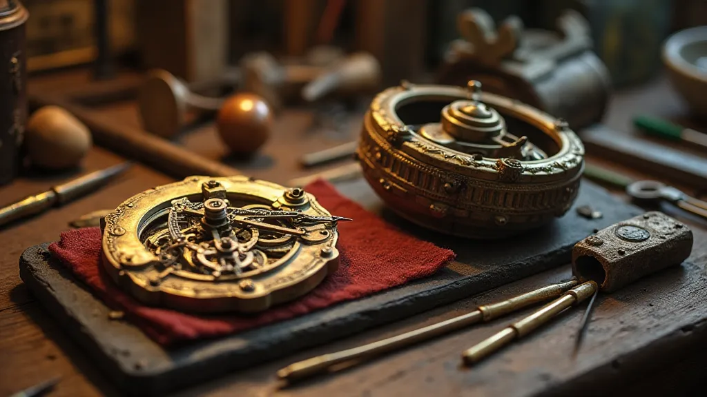 A clockmaker's workbench with antique tools