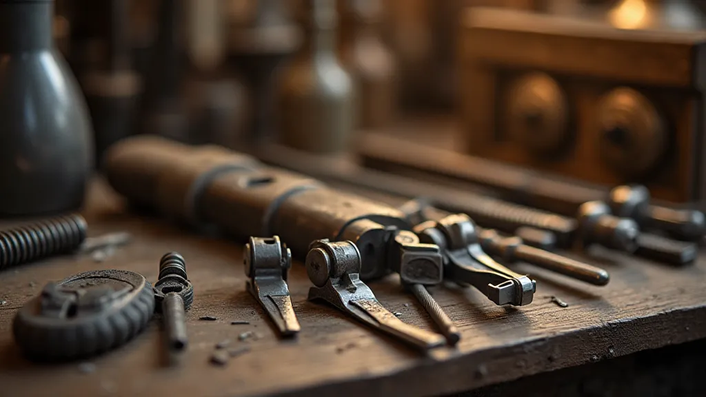 Vintage clockmaker's tools laid out on a workbench