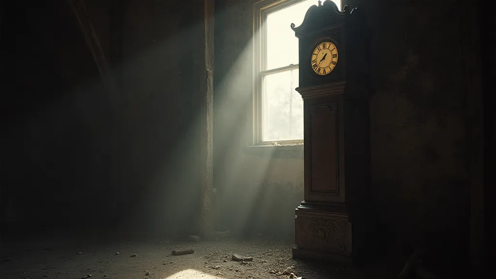 Grandfather clock in a dusty attic