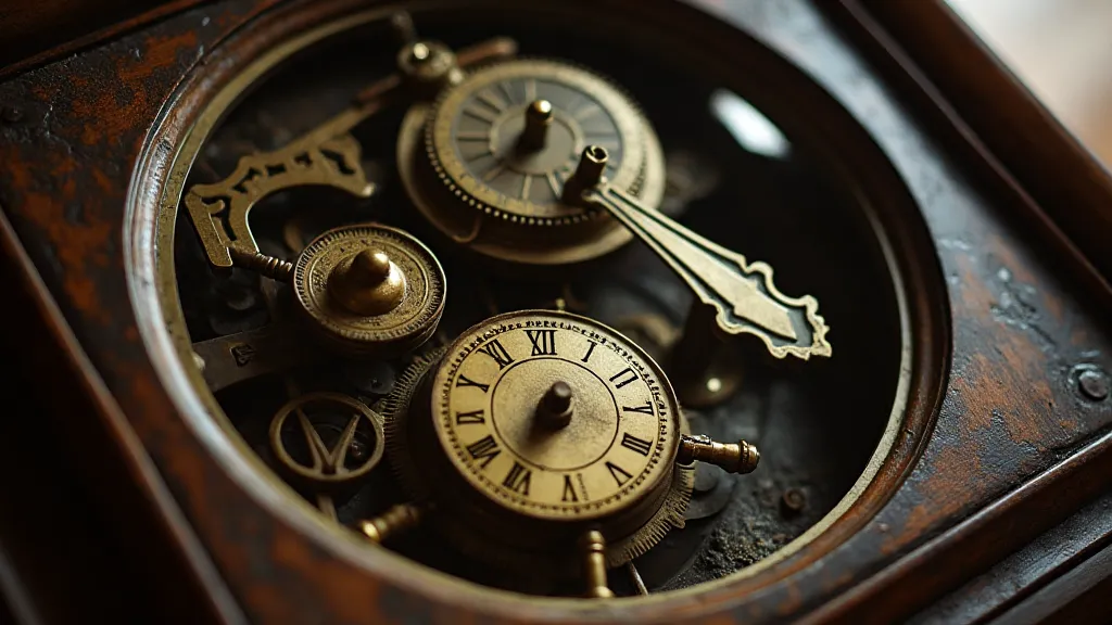 Disassembled antique grandfather clock showing inner mechanism