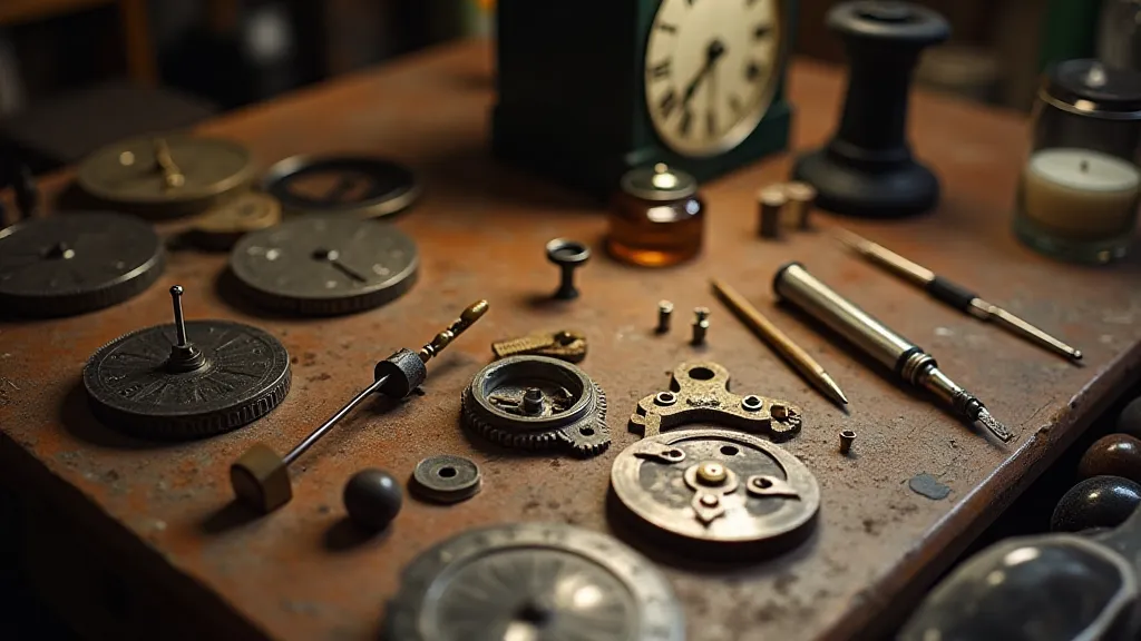 Restorer's workbench with antique clock parts