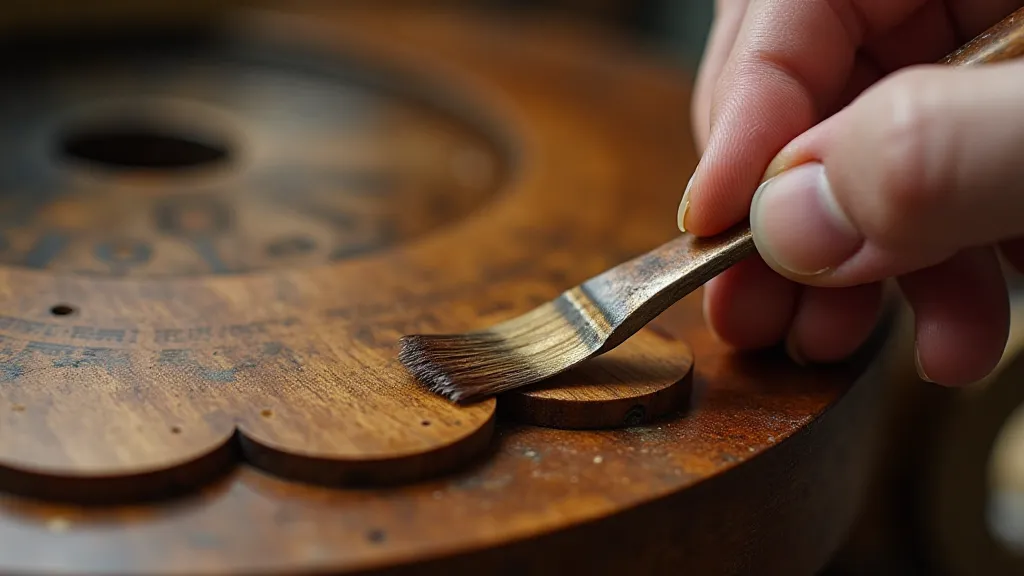 A craftsman staining a repaired section of an antique clock case.